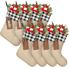 Realspring 8 Pieces 16 Inches Burlap Christmas Stocking with Wooden Name Tags Large Fireplace Hanging Christmas Stocking with Buffalo Plaid Bows Wooden Hanging Tags for Christmas (Black and White)