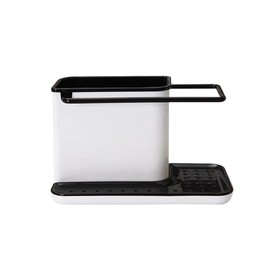 Warmiehomy Kitchen Sink Organiser with Drain Tray, Kitchen Sink Caddy with Sponge Holder, Brush Holder and Cloth Hanger, White with Black