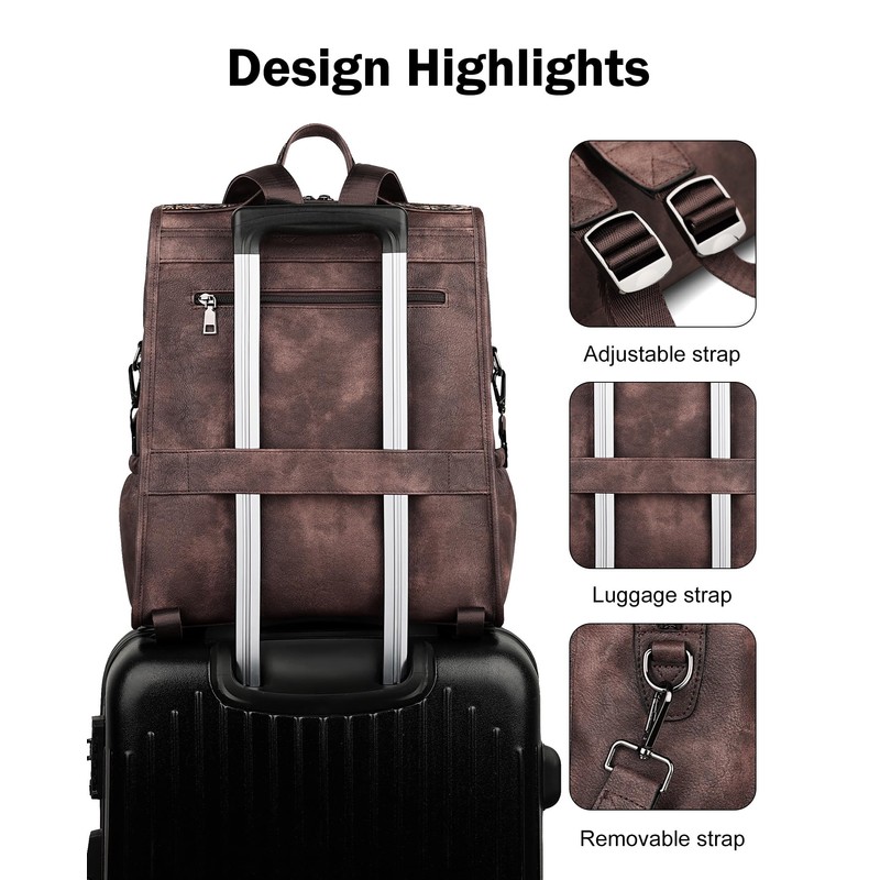 FADEON Leather Laptop Backpack for Women, Designer Ladies Work Travel