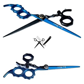 Two Finger Insert Blue and Black Hair Salon Barber Scissors Shear Set Swivel Rotator Thumb Right Hand Scissors