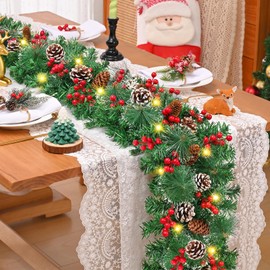 9 FT Christmas Garland with Lights, Lighted Christmas Garland, Pine Garland Christmas Decoration with Long Pinecone, Red Berry, Pine Needles, 3 Modes Garland Christmas Decorations for Table Fireplace