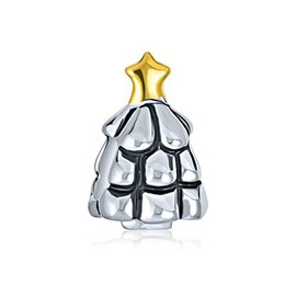 Elegant Shining Decorated Star Holiday Festive Christmas Tree Charm Bead Two Tone 14K Plated .925 Sterling Silver For Women Teens Fits European Bracelet
