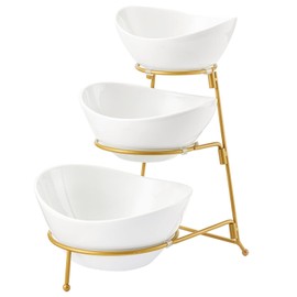 HBlife 3 Tier Serving Stand Oval Serving Bowl with Metal Rack, Ceramic Serving Dishes Chip and Dip Serving Set, Food Display Dessert Appetizer Candy Bowl, Tied Serving Trays for Parties, Gold