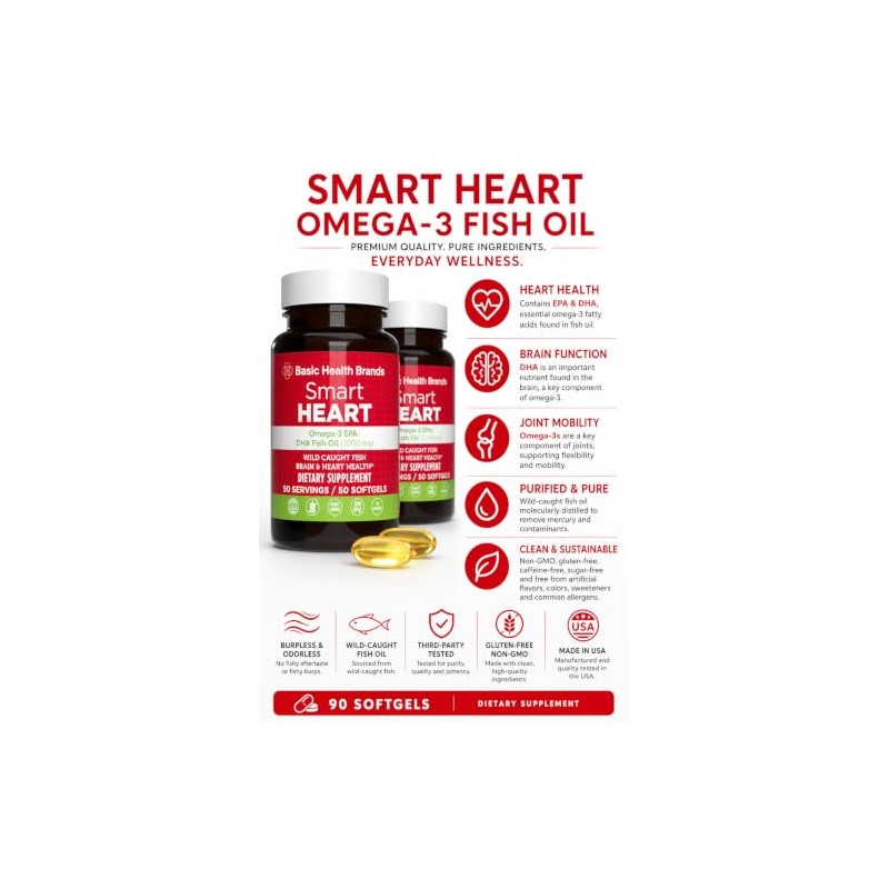 Basic Brands Aceite de pescado Omega-3 sin olor Smart Heart,