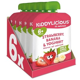 Kiddylicious Strawberry & Banana Yoghurt Pouches - Delicious Pouches for Babies - Suitable for 6+ Months - 100g x 6 Packs