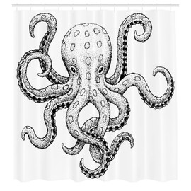Ambesonne Pulpo Cortina de Baño, La Vida Marina Croquis Estilo, Paño Conjunto de Decoración de Baño de Tela y Ganchos, 75" Alto, Crudo Negro