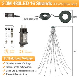 Fairy Lights Christmas Tree Indoor Outdoor 3.0 m 16 Strands 480 LEDs Waterproof Christmas Tree Lighting with Ring Christmas Lighting with Remote Control 8 Modes Memory Timer Function Christmas Tree