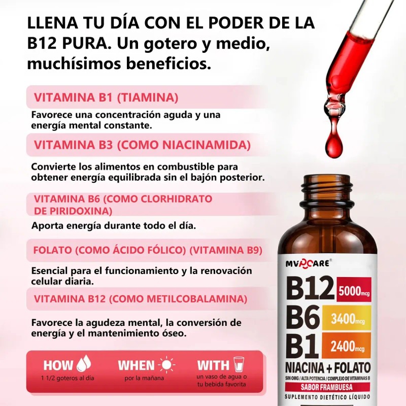 Mvpcare Vitamina B12 Gotas Líquidas Complejo Sublingual Contiene Nicotinamida Ácido