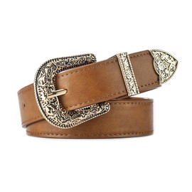 JK Home Retro Floral Carved Metal Buckle Cowgirl Belt, 28mm Wide PU Leather Western Vintage Hollow Out Flower Buckle Cowboy Belt Adjustable Unisex Waistband for Jeans Pants Dresses Gold Khaki
