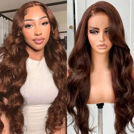 Geomone Chocolate Brown Lace Front Wig Human Hair 24 Inch 13x6 HD Lace Brown Wig Pre Plucked Baby Hair 4# Colored Frontal Wigs Human Hair 200 Density Brown Body Wave Lace Front Wigs