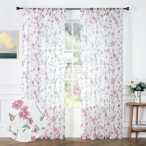 Tollpiz Sheer Floral Curtains Pink Flower Butterfly Printed Living Room