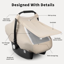 Rquite Car Seat Cover Baby, Carseat Covers Girl Boy, Breathable Muslin Cotton, Large Mesh Window, Infant Car Seat Canopy Baby Carrier Cover Stroller Sun Shade for Summer & Hot Day, Beige
