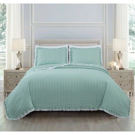 Chezmoi Collection Bonnie 3-Piece 100% Cotton Quilt Set Queen Size, Aqua - Double Frayed Ruffled Edge Lightweight Pre-Washed Soft-Finished Cotton Bedspread for All Season