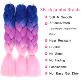 3Pcs ombre Braiding Hair Extensions Alileona Colorful Braiding Hair 24inch Jumbo Braiding Hair for Girl Women Daily Use 100g/per bundle (Blue/Light Purple/Pink)