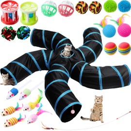 Poen 21 Pcs Cat Tunnel for Indoor Cats Set Collapsible 5 Way Cat Tubes with 20 Pcs Cat Toys Kitten Toys Interactive Cat Feather Toy Mouse Crinkle Balls Cat Tube for Puppy Kitten Rabbit(Blue Black)