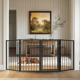 Free Standing Dog Gate with Door,80'' Extra Wide 32'' Tall Metal Dog Gates for Doorways, Foldable Pet Gate Fence Indoor & Outdoor for Stairs,Hallways,Decks,Porch,Yard (4 Panels,Black)