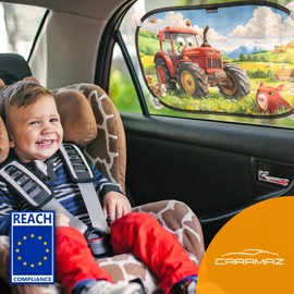 Car Window Shades for Baby with Certified UV Protection - Optimal Darkness with Suction Cups in Universal Size 51 x 31 cm - Tractor Design - Pack of 2