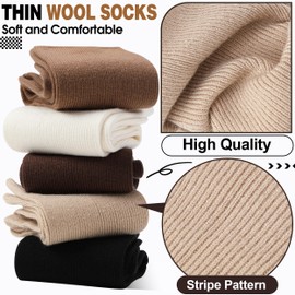Thin Merino Wool Boot Socks for Women Warm Winter Cozy Comfy Work Socks 5 Pairs Gifts Stocking Stuffers(Khaki/Beige/Black,L)