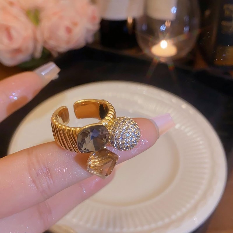 Crystal Geometric Statement Adjustable Open Band Ring for Women Girls