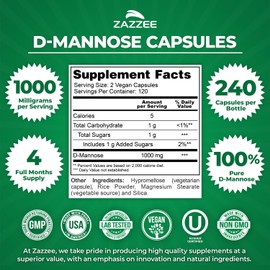 Zazzee D-Mannose, 1000 mg per Serving, 240 Vegan Capsules, 4 Month Supply, Potent & Fast-Acting, Certified Kosher, 100% Pure, All-Natural Urinary Tract Health Support, 100% Vegetarian, Non-GMO