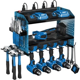 Power Tool Organizer with Power Strip, 4 Drill Holders Tool Storage with Hooks, Heavy Duty Rack for Garage Organization, Wall Mount Tool Organizer, Christmas Anniversary Birthday Gifts for Men Dad Him