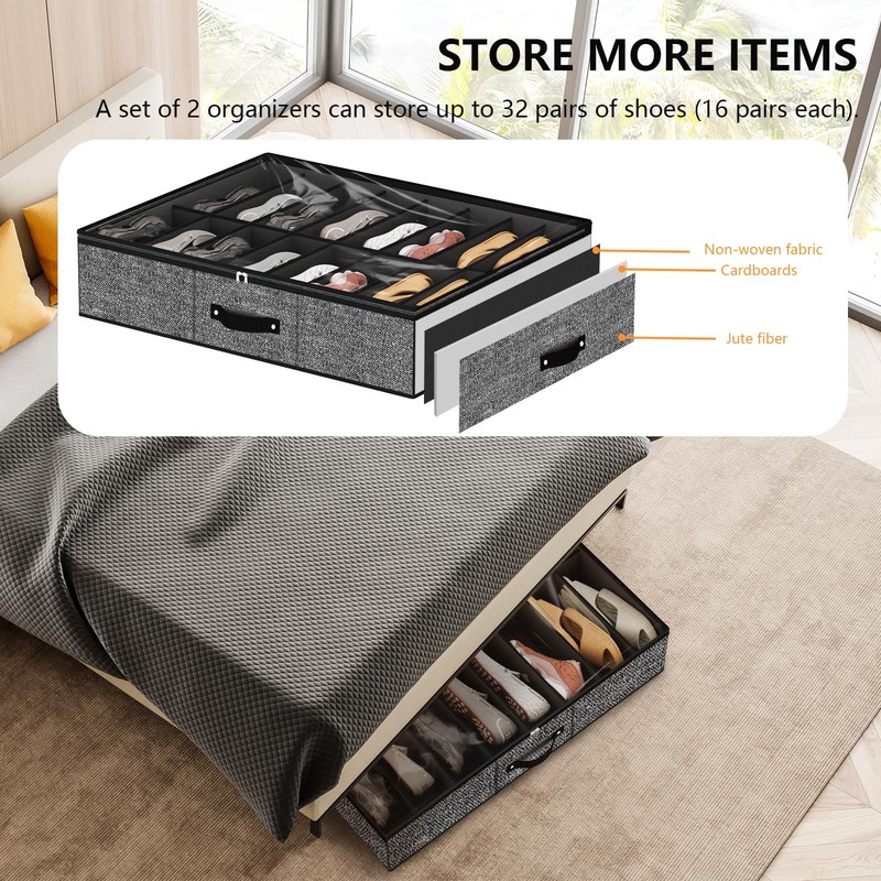 homyfort 32 Pairs Shoe Organizer Under Bed, Underbed Shoe Storage