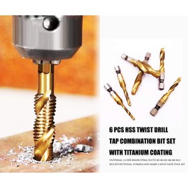 Metric Tap and Drill Bit Set Combination Drill and Tap Bit, 6 PCS HSS Titanium Coated Twist Drill Tap Combination Bit Set Metric Drill Bits with 1/4” Hex Shank Spiral Flute, M3-M10