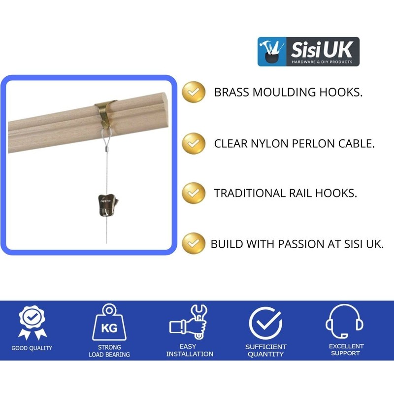 Picture Hanging Brass Moulding Hooks with Perlon Clear Cable Cord