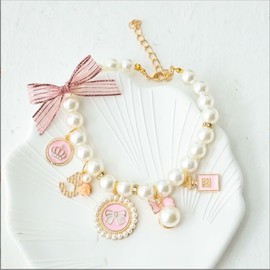 1Pc Pink Medium Dog Pearl Collars Pet Pearl Dog Princess Bow Necklace Cute Collar Puppy Accessories Cat Jewelry Neck Strap for Cat Collars, Harnesses and Leashes (M)