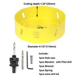 4-1/2 inch Hole Saw 114mm,HSS Bi-Metal Hole Cutter with Arbor Mandrel for Cutting Wood,Steel,Aluminium,Brass,Copper,Zinc,Tin