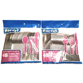 Greenbrier Steel Gray/Silver Tone Party/Picnic Plastic Cutlery Sets - 32 Spoons, 32 Forks, 32 Knives - 2 packs of 48 each, 96 pcs total