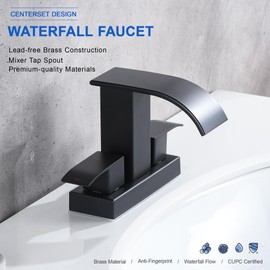 Black Waterfall Bathroom Sink Faucet with Pop up Sink Drain Stopper Overflow for Faucet Vessel, 4 Inch 2 Handles 2 or 3 Holes Centerset Faucet for Lavatory Bathroom Sink with Supply Lines