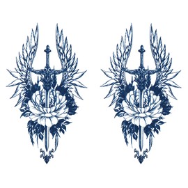 Jagua Tattoo Tattoo Stickers, 2 Weeks Disappearing Henna Tattoos Real Thinking Cross Prayer Gassho Brahma Religious Sword Set of 2 (gz416-2)