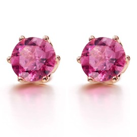 Agvana 14K Solid Rose Gold Solitaire Tiny Genuine 0.73Ct Pink Tourmaline Small Stud Earrings October Birthstone Jewelry Anniversary Birthday Gifts for Women Wife Mom