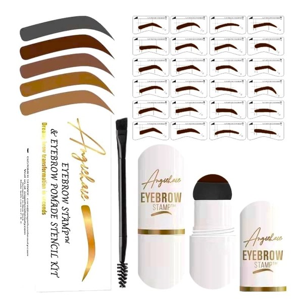Eyebrow Stamp Stencil Kit, Eyebrow Stamp Pomade with 24 Reusable Thin & Thick Brow Stencils, Eyebrow Stencils Shaping Kit Definer (Dark Brown)
