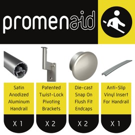 Promenaid 3ft Flush Handrail Kit - Silver - Complete Indoor/Outdoor Handrail for Stairs - 1.6" Round Anodized Aluminum Railing with 2 Silver Painted Pivoting Wall Brackets & Flush Endcaps