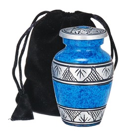 THE ASCENT MEMORIAL Small Blue Cremation Urn for Human Funeral Remains | Mini Sacred Ash Container | Velvet Carry Bag | Paper Funnel | Gift Box | Handcrafted Engraved Urn & Keepsake