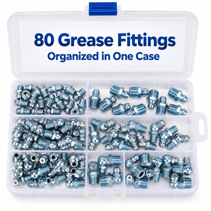 80-Piece Grease Zerk Fitting Kit, 1/8"-28 & 1/4"-28, Straight, 45°
