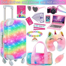 K.T. Fancy 23 PCS American 18 Inch Doll Accessories Suitcase Luggage Travel Set - Rainbow Suitcase Rainbow Bag Camera Computer Cell Phone Neck Pillow Eye Mask Glasses Gift for Christmas (NO Doll) - Colour: Yellow Sequined Suitcase