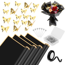 IKASEFU 133Pcs Flower Wrapping Paper, Waterproof Floral Bouquet Wrapping Paper, Florist Supplies Packaging Paper with Butterfly Decoration Ribbons Bouquet Pin for Wedding Birthday Christmas Gift DIY