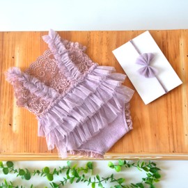 Newborn Baby Girl Photography Props Stretch Romper with Lace Trim & Headband,Newborn Outfit for Photoshot (Pale Purple)