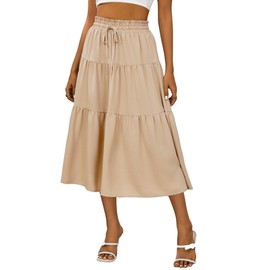 Anbech Women Casual Skirt Elastic High Waist Pleated A-Line Beach Midi Skirt (M, Khaki)