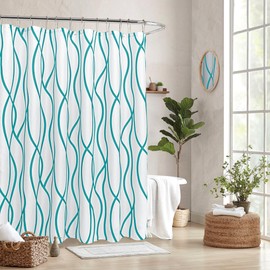 Biscaynebay Textured Fabric Shower Curtain 72x72 Inch, Turquoise Striped Printed Linen Modern Hotel Luxury Quality Cloth Bathroom Curtains Machine Washable