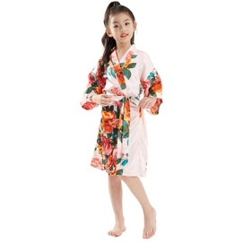 EQIQU Kids Girl's Silky Satin Kimono Robe for Spa Wedding Birthday Party Child Children's Gifts Flower Pink 12