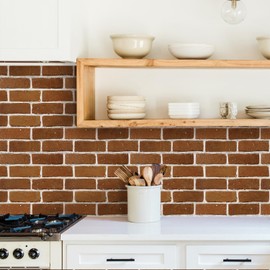 COMSTICKC 3D Brick Wall Panels Peel and Stick Tiles, 10 Pcs of 12"X12", Small Size Thin PVC Fake Brick Adhesive Wall Covering Backsplash Kitchen Living Room, Paintable, Red Brown