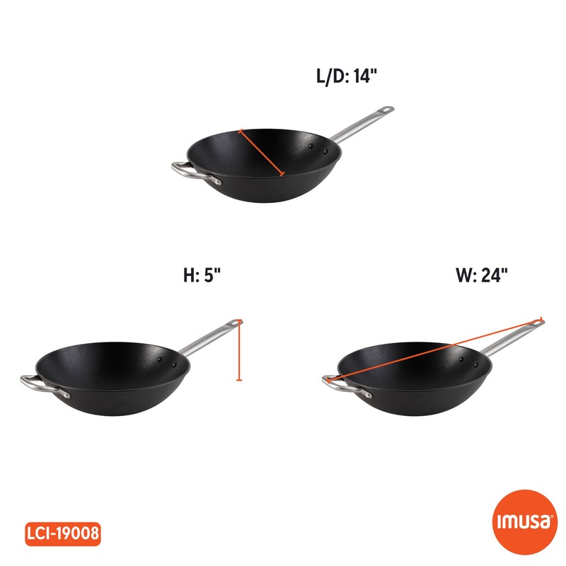 Imusa LCI-19008 USA 14" Light Cast Iron Wok Pre-seasoned Non-Stick