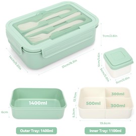 LUZOON Lunchbox Bento Box Brotdose Erwachsene 1400ml mit 3 FäChern für Kinder inkl. Besteck Jausenbox für Mikrowellen Und SpüLmaschinen, Schule Arbeit Picknick Reisen (Hellgrün + Saucenbox)