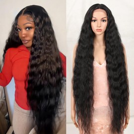 Style Icon 40" Super Long Curly Lace Front Wig for Women T Part Lace Wig with Baby Hair Synthetic Heat Resistant Fiber Bohemian Wavy (1B)