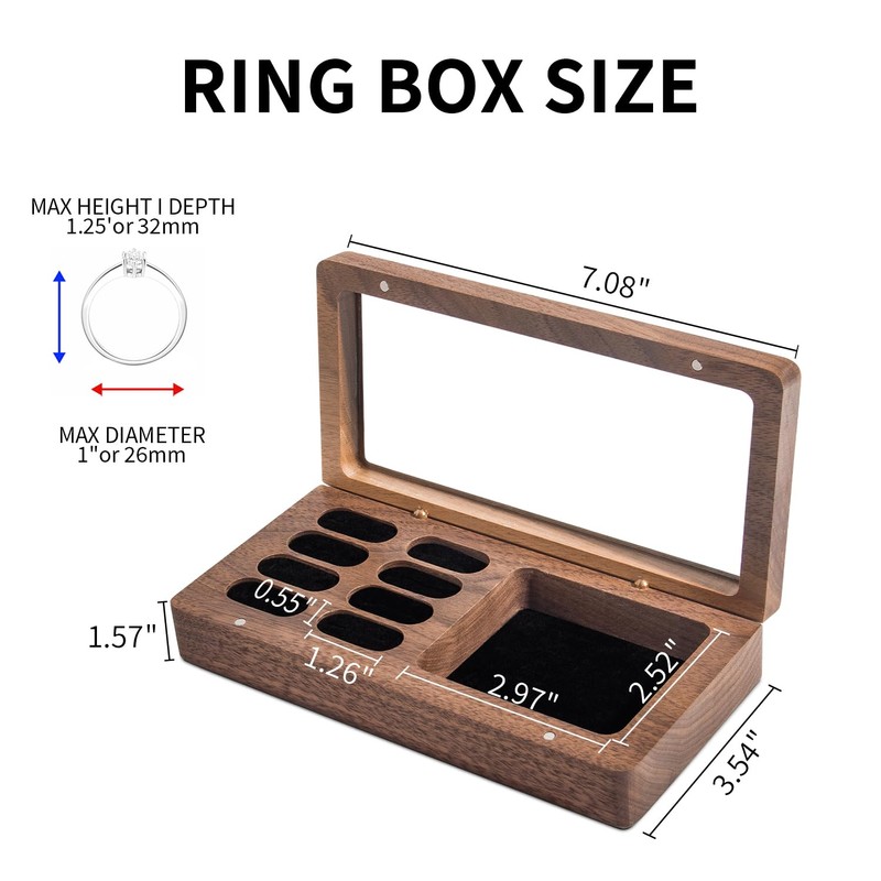 Luxury Solid Walnut Wood Ring Box with Glass Window -