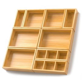 VeyFey Bamboo Drawer Organizer, Set of 9 Wood Kitchen Junk Tea Desk Office Tray, Wooden Storage Boxes Organizers for Bathroom, Office (2" H 9 Boxes)